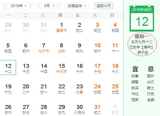 2019年 8月 12日 星期一 狮子座(阳历【今日老黄历所宜【日值岁破